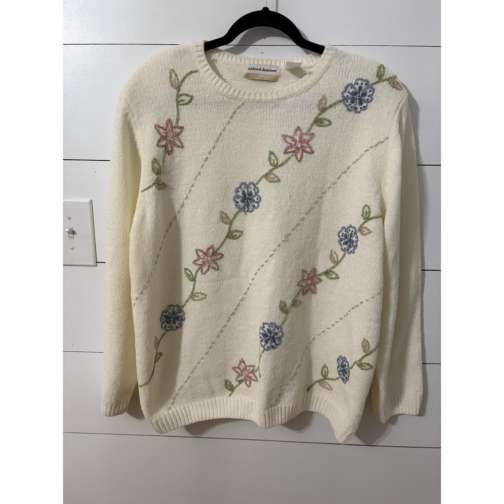 Alfred Dunner Sweater‎ Womens 2X Ivory Floral Embroidered Pullover Knit Acrylic